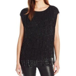 Joie Cecile Black Geometric Beaded Fringe Tassel Sleeveless Tunic Top Sz XSmall